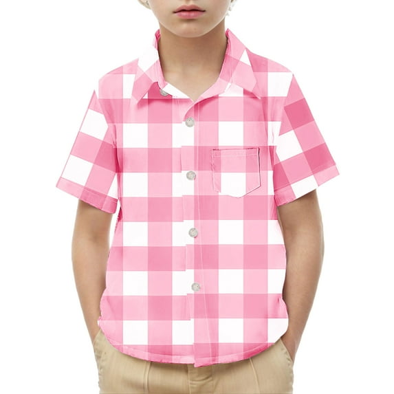 Spazoro Toddler Boys Plaid Shirts, Short Sleeve Button Down with Pocket Turndown Collar School Uniform Shirt Pink Size 6 T