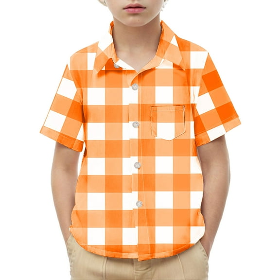 Spazoro Toddler Boys Plaid Shirts, Short Sleeve Turndown Collar with Pocket Button Down School Uniform Shirt Orange Size 8 T
