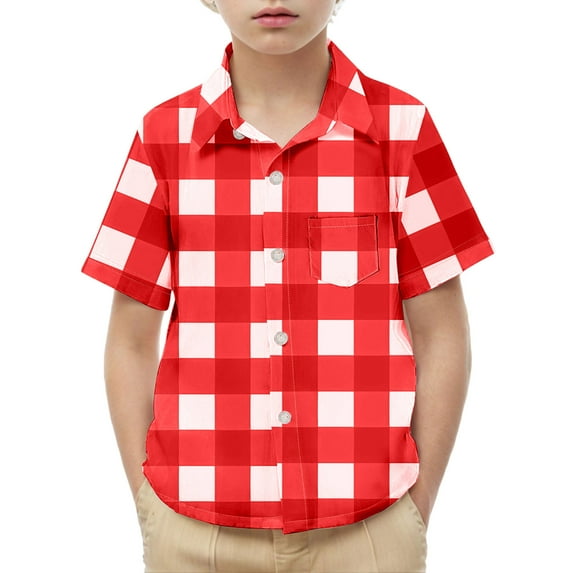 Spazoro Toddler Boys Plaid Shirts, with Pocket Button Down Turndown Collar Short Sleeve School Uniform Shirt Red Size 12 T
