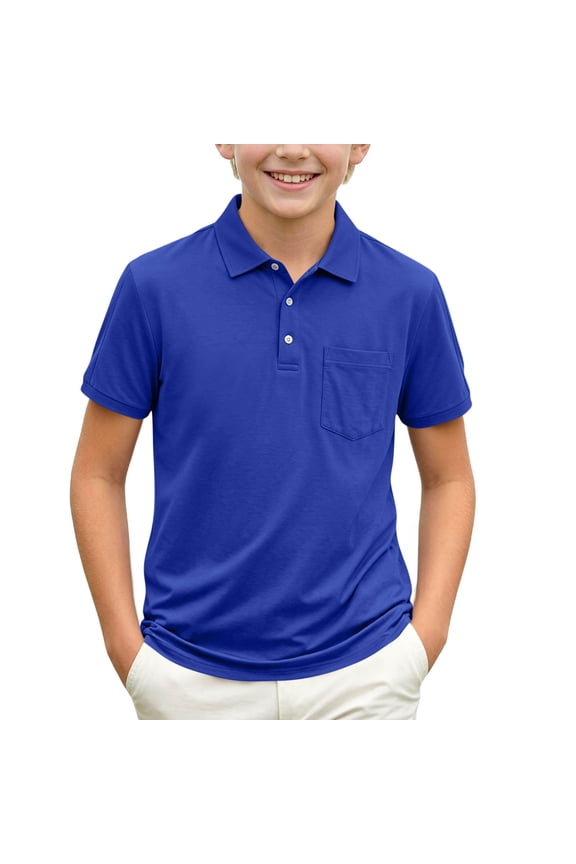 Toddler Boys Polo Shirts with Chest Pockets, Turn-down Collar Solid Color School Uniform Short Sleeve Summer Shirts Tops for Kids Boys Blue Size 3-4 T