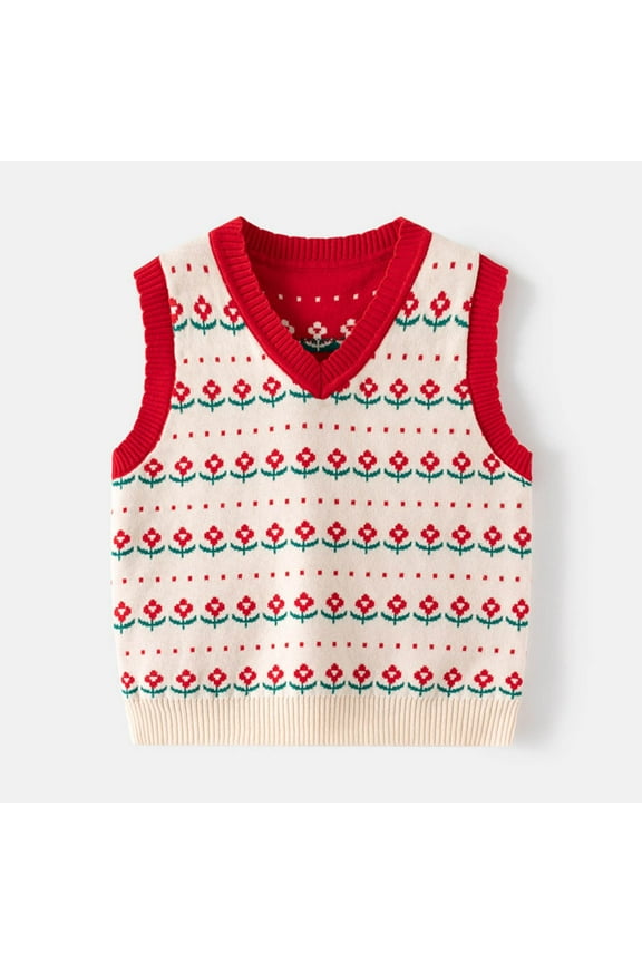 Toddler Boys Sweaters, Cotton Fall Winter V-Neck Sleeveless Pullover Tops for Kids Boys Girls Red Size 5 T