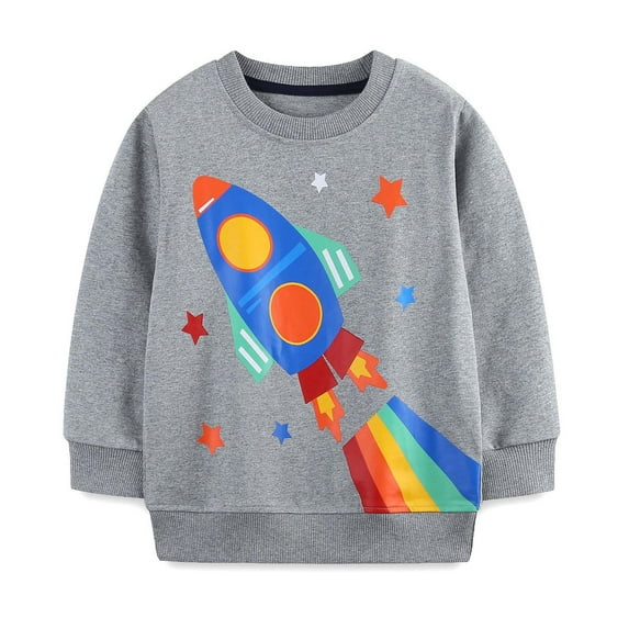 Spazoro Toddler Boys Sweatshirts, Casual Rocket Print Round Neck Long Sleeve Tops for Child Kids Boys Gray Size 4T
