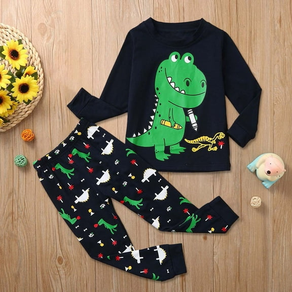 Spazoro Toddler Boys Tops And Pants, Casual Long Sleeve Dinosaur Printed Round Neck Pajamas For Kids Two Pieces Dark Blue Size 2-3T