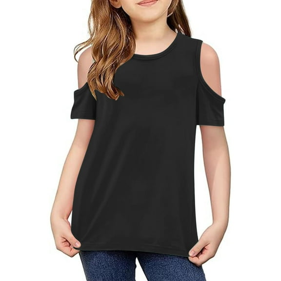 Spazoro Toddler Child Girls Casual T-Shirts Cold Sholder, Short Sleeve Cold Shoulder Crew Neck Fashion Summer Solid Color Loose Tops Trousers for Girls Black Size 3 T
