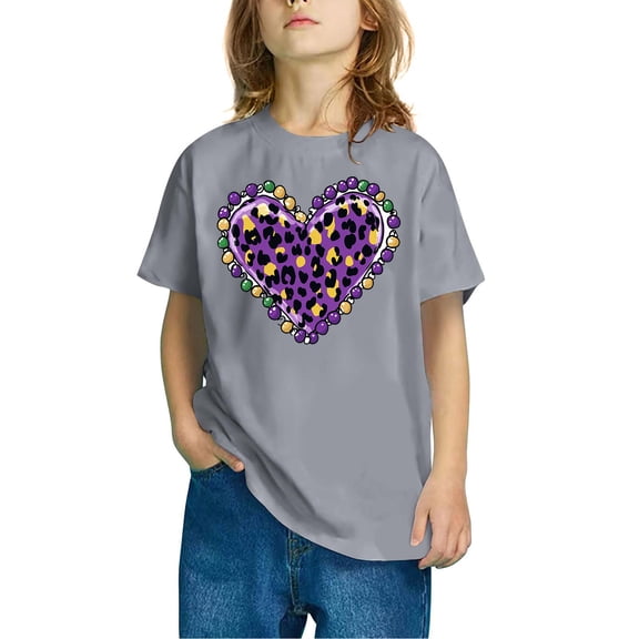 Spazoro Toddler Child Girls Casual T-Shirts Tee, Short Sleeve Crew Neck Mardi Gras Print Fashion Summer Loose Tops Trousers for Girls Gray Size 5 T