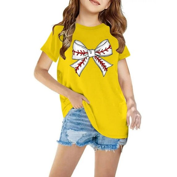 Spazoro Toddler Child Girls Casual T-Shirts Tee, Short Sleeve Printed Fashion Crew Neck Summer Loose Tops Trousers for Girls Yellow Size 5 T