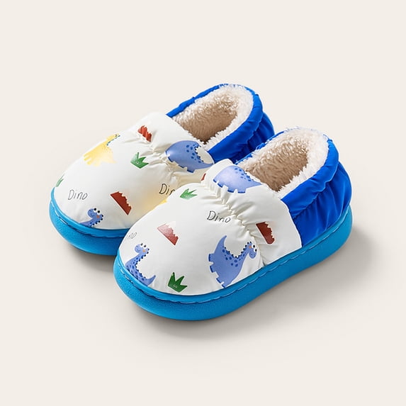Spazoro Toddler Fuzzy House Slippers, Cartoon Dinosaur Non-Slip Heel-Covering Winter Warm Bedroom Shoes for Boys Girls Blue Size 3-4 T