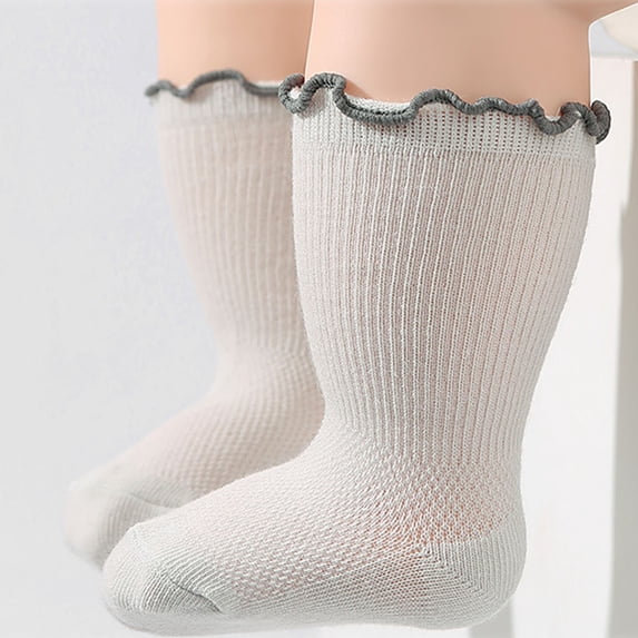 Spazoro Toddler Girls 100% Cotton Mid‑Calf Socks, Breathable Lightweight Scalloped Cuff Stretchy Solid Color Anti‑Slip Daily Wear Sock Packs Gray