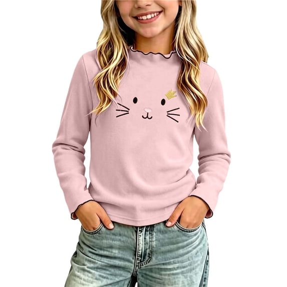 Spazoro Toddler Girls 100% Cotton Shirts, Ruffle Neck Long Sleeve Fall Cute Pattern Casual Basic Tee Tops for Girls Pink Size 2-3T