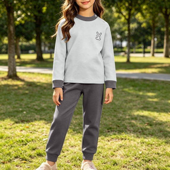 Spazoro Toddler Girls 2 Pieces Outfit Sets, Fall Long Sleeve Color Block Crew Neck Shirts and Pants Soft & Breathable Casual Loungewear Sets for Home Gray Size 3-4 T