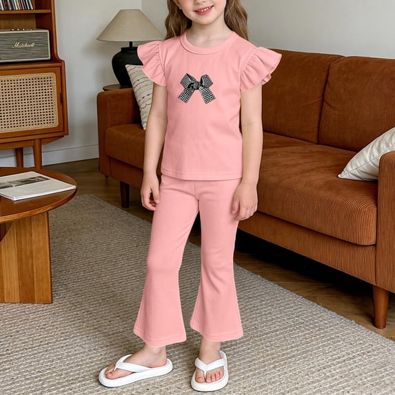 Spazoro Toddler Girls 2PC Outfit Set, Bow Knot Ruffle Sleeve Shirt & Pants Casual Summer Clothes Set for Baby Pink Size 2-3