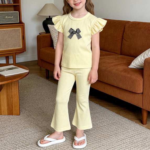 Spazoro Toddler Girls 2PC Outfit Set, Bow Knot Ruffle Sleeve Shirt & Pants Casual Summer Clothes Set for Baby Yellow Size 3-4