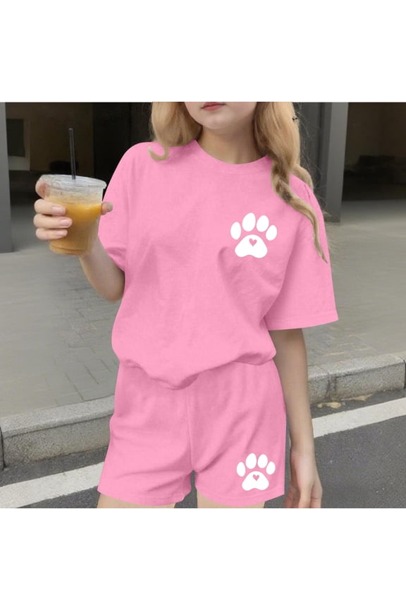 Toddler Girls 2PC Outfit Set, Cute Print Short Sleeve T-Shirt & Shorts Casual Summer Clothes Set for Kids Pink Size 11-12
