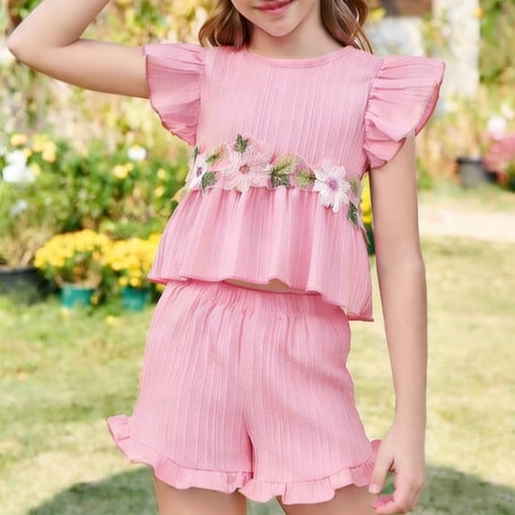 Spazoro Toddler Girls 2PC Outfit Set, Floral Embroidery Casual Ruffle Sleeve Shirt & Shorts Summer Clothes Set for Baby Pink Size 3-4