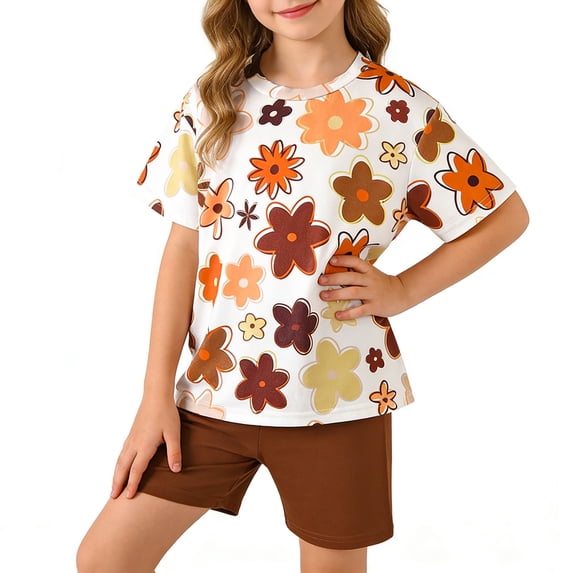 Spazoro Toddler Girls 2PC Outfit Set, Flower Print Casual Short Sleeve T-Shirt & Shorts Summer Clothes Set for Baby Brown Size 2-3