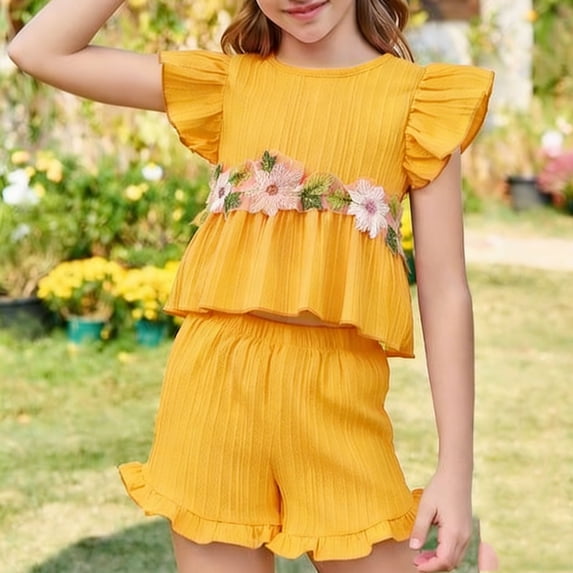 Spazoro Toddler Girls 2PC Outfit Set, Ruffle Sleeve Shirt & Shorts Floral Embroidery Casual Summer Clothes Set for Baby Yellow Size 5-6