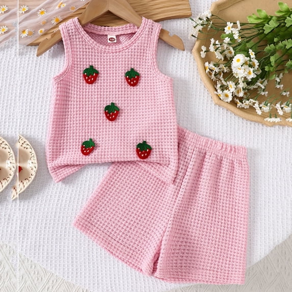 Spazoro Toddler Girls 2PC Outfit Set, Sleeveless Tank Top & Shorts Strawberry Casual Summer Clothes Set for Baby Pink Size 2-3