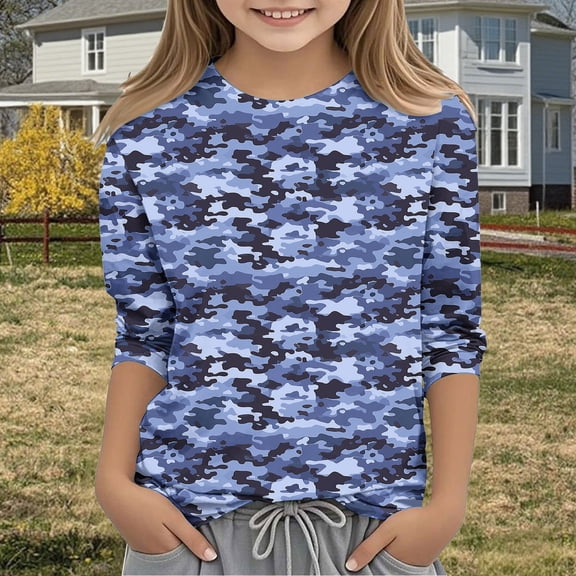 Spazoro Toddler Girls 3/4 Sleeve Shirts, Camouflage Print Casual Round Neck Spring and Fall Fashionable Tops for Girls Blue Size 4 T