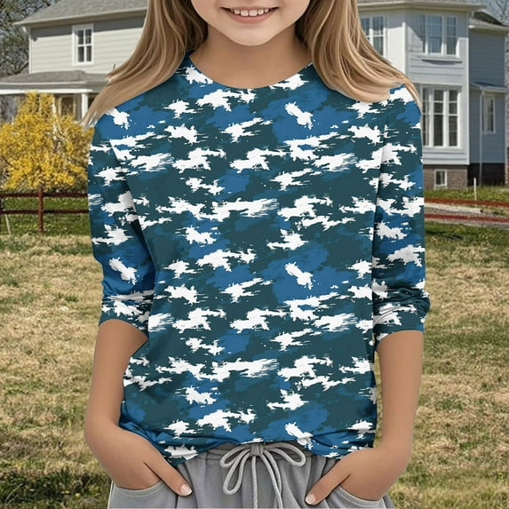 Spazoro Toddler Girls 3/4 Sleeve Shirts, Camouflage Print Round Neck Casual Spring and Fall Fashionable Tops for Girls Blue Size 5 T