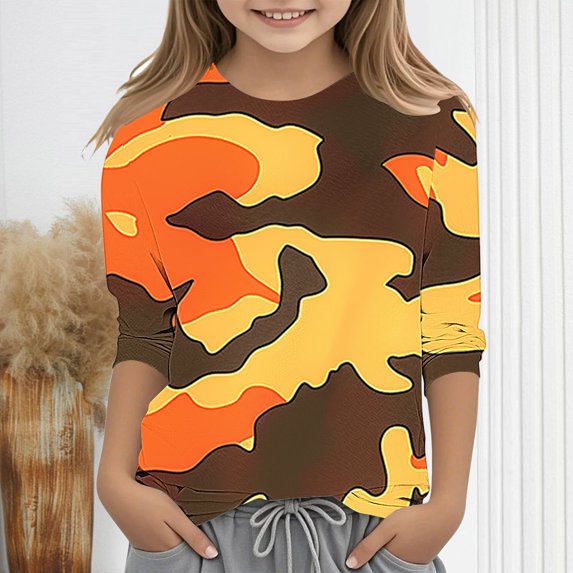 Spazoro Toddler Girls 3/4 Sleeve Shirts, Camouflage Print Round Neck Spring and Fall Casual Fashionable Tops for Girls Multicolor Size 11-12T