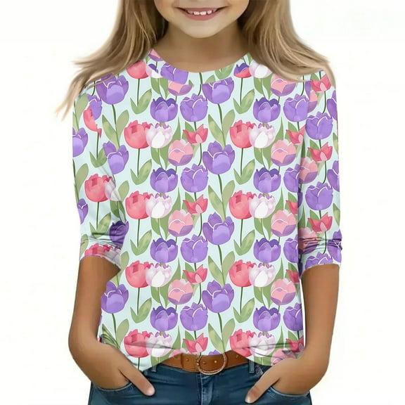 Spazoro Toddler Girls 3/4 Sleeve Shirts, Casual Floral Print Round Neck Spring and Fall Fashionable Tops for Girls Multicolor Size 4-5T