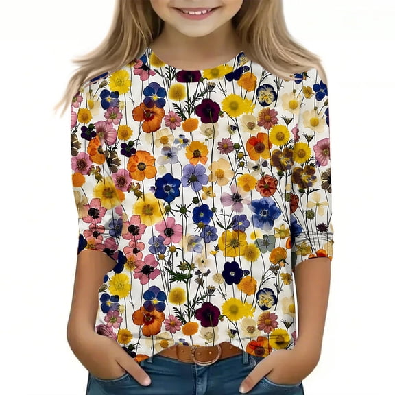 Spazoro Toddler Girls 3/4 Sleeve Shirts, Casual Floral Print Round Neck Spring and Fall Fashionable Tops for Girls Multicolor Size 4-5T