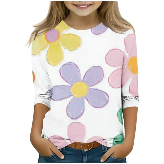 Spazoro Toddler Girls 3/4 Sleeve Shirts, Casual Floral Print Round Neck Spring and Fall Fashionable Tops for Girls Multicolor Size 5-6T