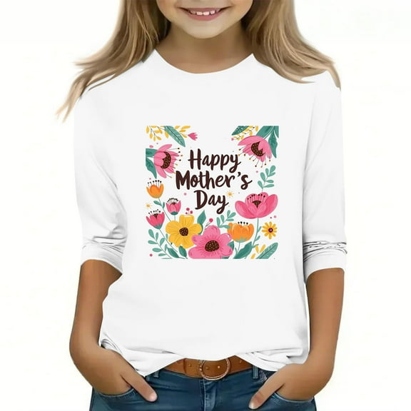 Spazoro Toddler Girls 3/4 Sleeve Shirts, Casual Graphic Print Spring and Fall Round Neck Fashionable Tops for Girls White Size 4-5T