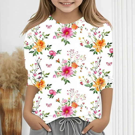 Spazoro Toddler Girls 3/4 Sleeve Shirts, Casual Round Neck Floral Print Spring and Fall Fashionable Tops for Girls Multicolor Size 7-8T
