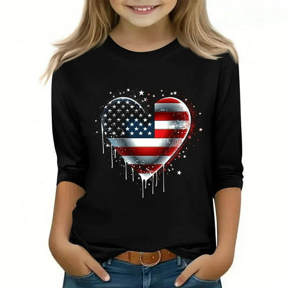 Spazoro Toddler Girls 3/4 Sleeve Shirts, Casual Round Neck Graphic Print Spring and Fall Fashionable Tops for Girls Black Size 11-12T