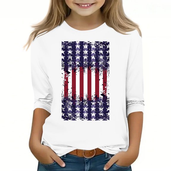 Spazoro Toddler Girls 3/4 Sleeve Shirts, Casual Round Neck Graphic Print Spring and Fall Fashionable Tops for Girls White Size 11-12T