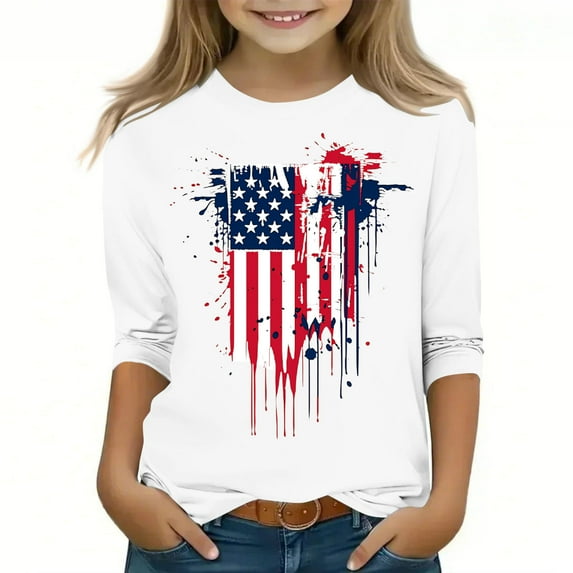 Spazoro Toddler Girls 3/4 Sleeve Shirts, Casual Round Neck Graphic Print Spring and Fall Fashionable Tops for Girls White Size 3-4T