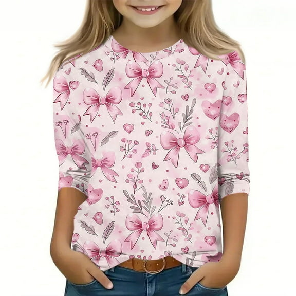 Spazoro Toddler Girls 3/4 Sleeve Shirts, Casual Round Neck Knot Bow Print Spring and Fall Fashionable Tops for Girls Multicolor Size 3-4T