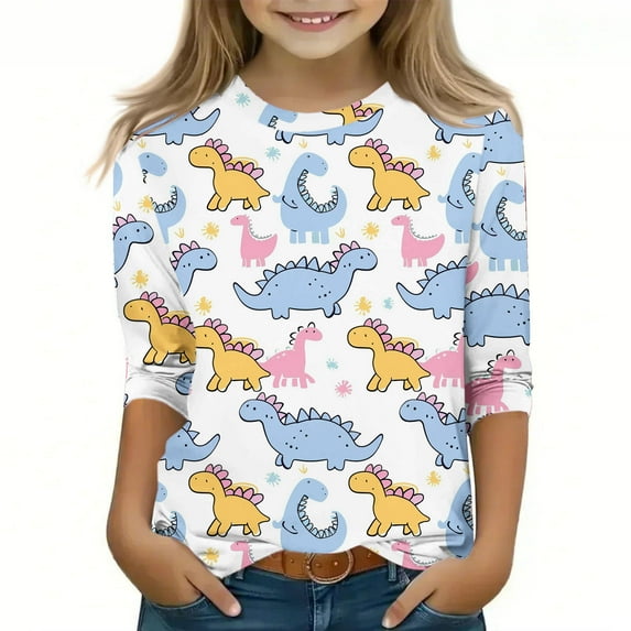 Spazoro Toddler Girls 3/4 Sleeve Shirts, Casual Round Neck Spring and Fall Dinosaur Print Fashionable Tops for Girls Multicolor Size 4-5T