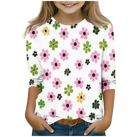Spazoro Toddler Girls 3/4 Sleeve Shirts, Casual Round Neck Spring and Fall Floral Print Fashionable Tops for Girls Multicolor Size 10-11T