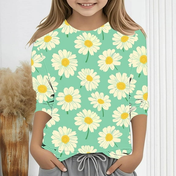 Spazoro Toddler Girls 3/4 Sleeve Shirts, Casual Round Neck Spring and Fall Floral Print Fashionable Tops for Girls Multicolor Size 5-6T