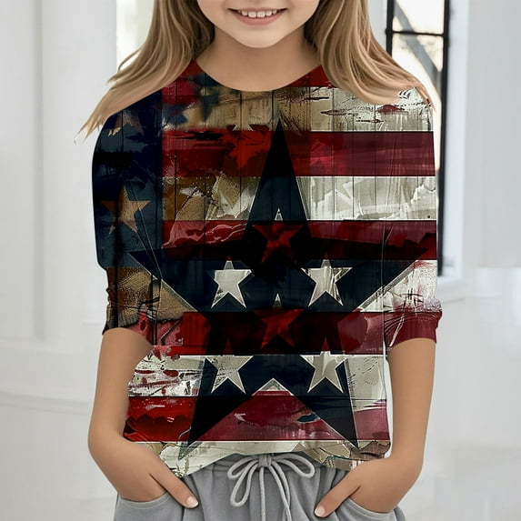 Spazoro Toddler Girls 3/4 Sleeve Shirts, Casual Round Neck Spring and Fall Independence Day Print Fashionable Tops for Girls Multicolor Size 11 T