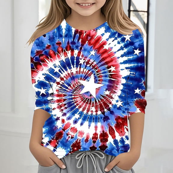 Spazoro Toddler Girls 3/4 Sleeve Shirts, Casual Spring and Fall Independence Day Print Round Neck Fashionable Tops for Girls Multicolor Size 4 T
