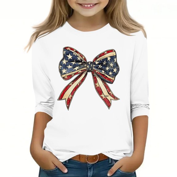 Spazoro Toddler Girls 3/4 Sleeve Shirts, Casual Spring and Fall Round Neck Graphic Print Fashionable Tops for Girls White Size 5-6T