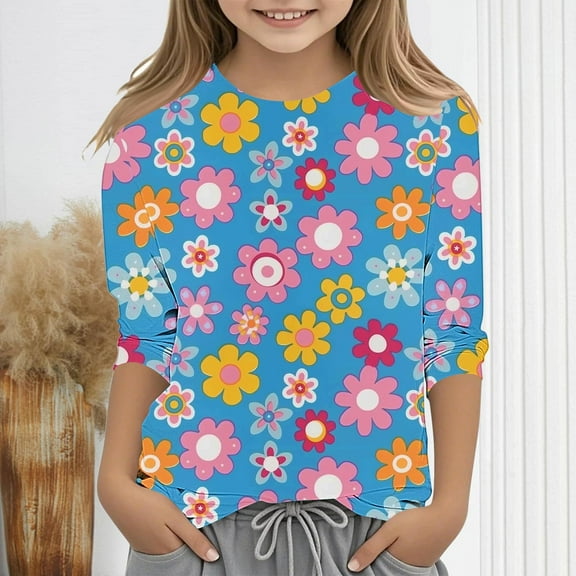 Spazoro Toddler Girls 3/4 Sleeve Shirts, Floral Print Spring and Fall Casual Round Neck Fashionable Tops for Girls Multicolor Size 4-5T
