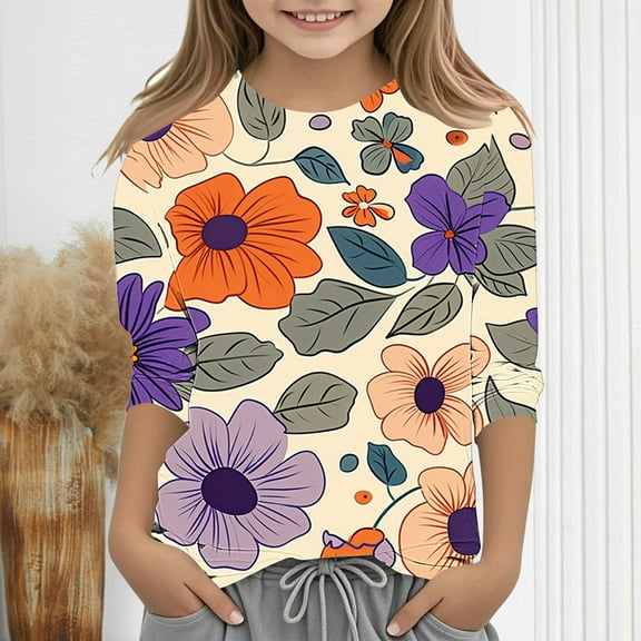 Spazoro Toddler Girls 3/4 Sleeve Shirts, Floral Print Spring and Fall Round Neck Casual Fashionable Tops for Girls Multicolor Size 5-6T