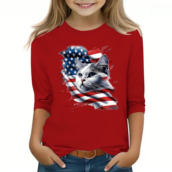 Spazoro Toddler Girls 3/4 Sleeve Shirts, Graphic Print Casual Round Neck Spring and Fall Fashionable Tops for Girls Red Size 7-8T