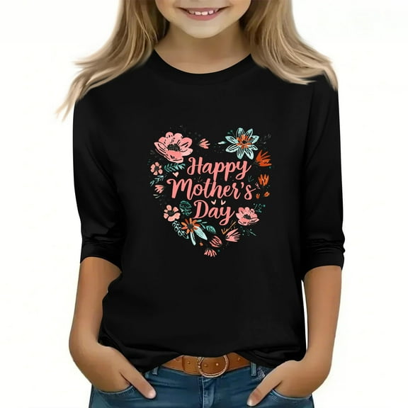 Spazoro Toddler Girls 3/4 Sleeve Shirts, Graphic Print Round Neck Spring and Fall Casual Fashionable Tops for Girls Black Size 7-8T