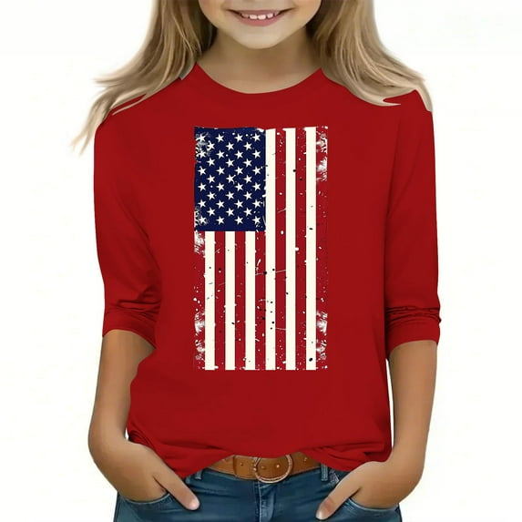 Spazoro Toddler Girls 3/4 Sleeve Shirts, Graphic Print Round Neck Spring and Fall Casual Fashionable Tops for Girls Red Size 11-12T