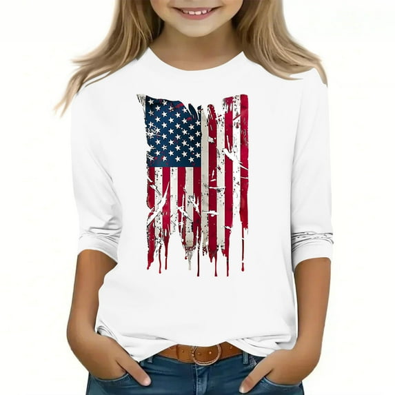 Spazoro Toddler Girls 3/4 Sleeve Shirts, Graphic Print Spring and Fall Round Neck Casual Fashionable Tops for Girls White Size 9-10T