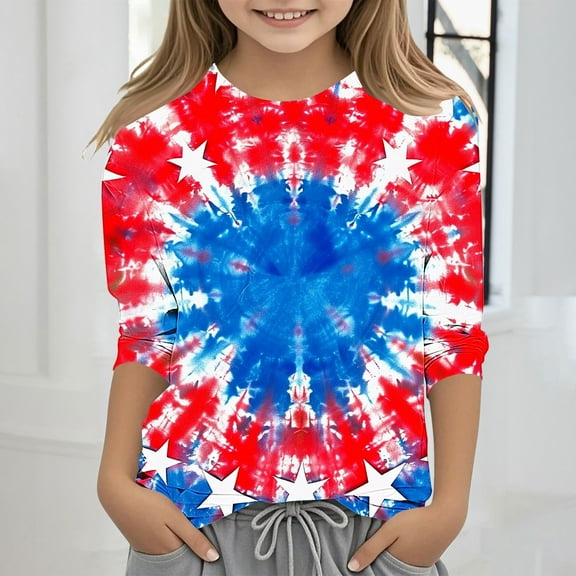 Spazoro Toddler Girls 3/4 Sleeve Shirts, Independence Day Print Round Neck Spring and Fall Casual Fashionable Tops for Girls Multicolor Size 3 T