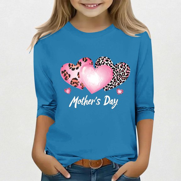 Spazoro Toddler Girls 3/4 Sleeve Shirts, Mother's Day Print Round Neck Casual Spring and Fall Fashionable Tops for Girls Blue Size 7-8T