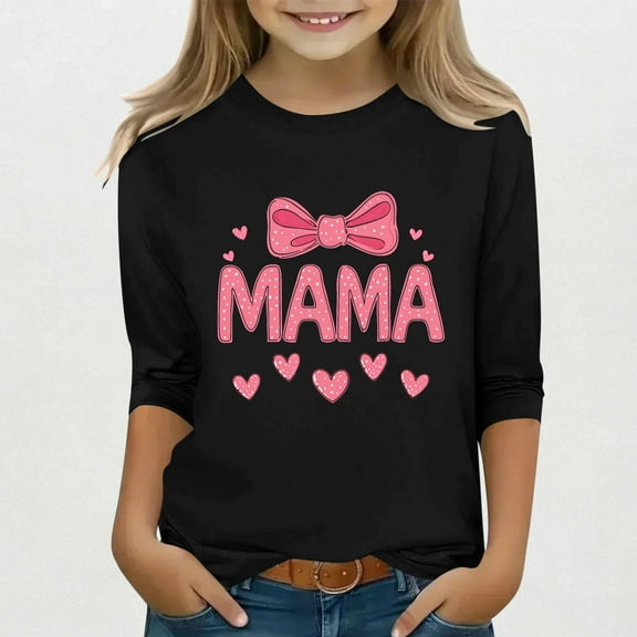 Spazoro Toddler Girls 3/4 Sleeve Shirts, Mother's Day Print Spring and Fall Casual Round Neck Fashionable Tops for Girls Black Size 4-5T
