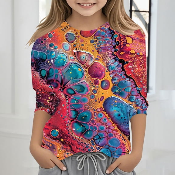 Spazoro Toddler Girls 3/4 Sleeve Shirts, Round Neck Casual Independence Day Print Spring and Fall Fashionable Tops for Girls Multicolor Size 3 T