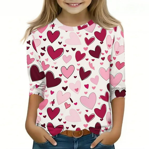 Spazoro Toddler Girls 3/4 Sleeve Shirts, Round Neck Casual Love Print Spring and Fall Fashionable Tops for Girls Multicolor Size 7-8T